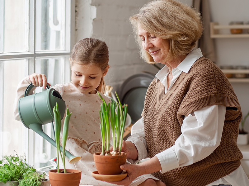 Grandmother and granddaughter watering their plants